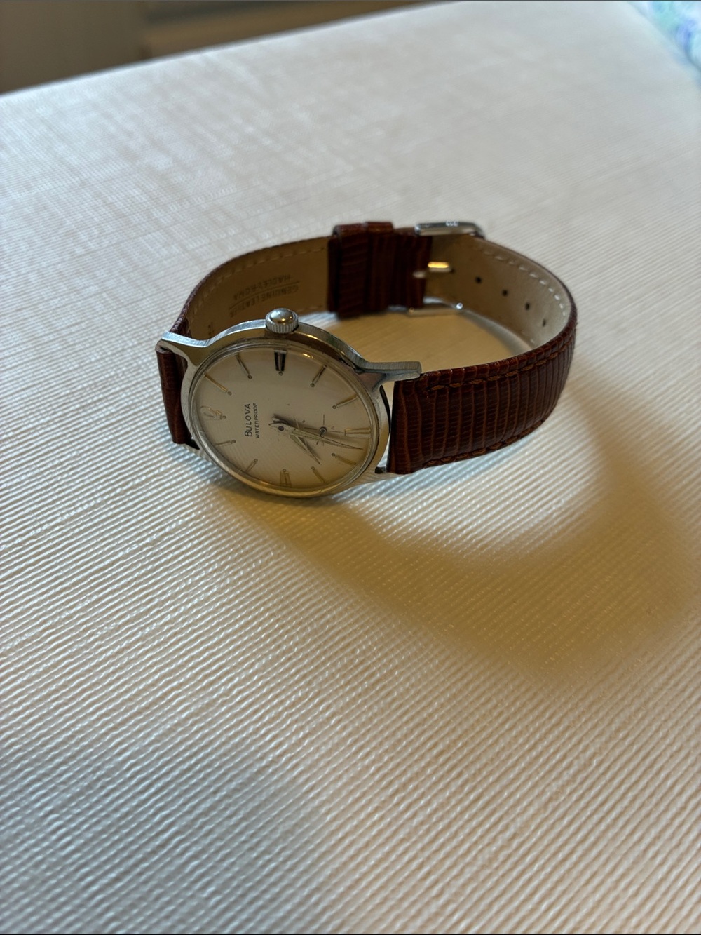 Bulova Silver Dial Watch with Brown Leather Strap